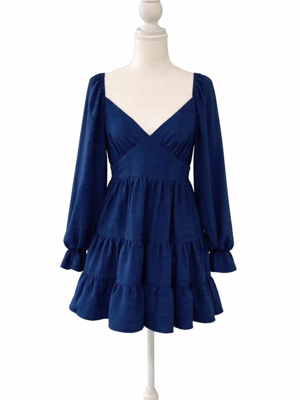 Altar'd State Navy Long-Sleeve Tiered V-Neck Mini Dress